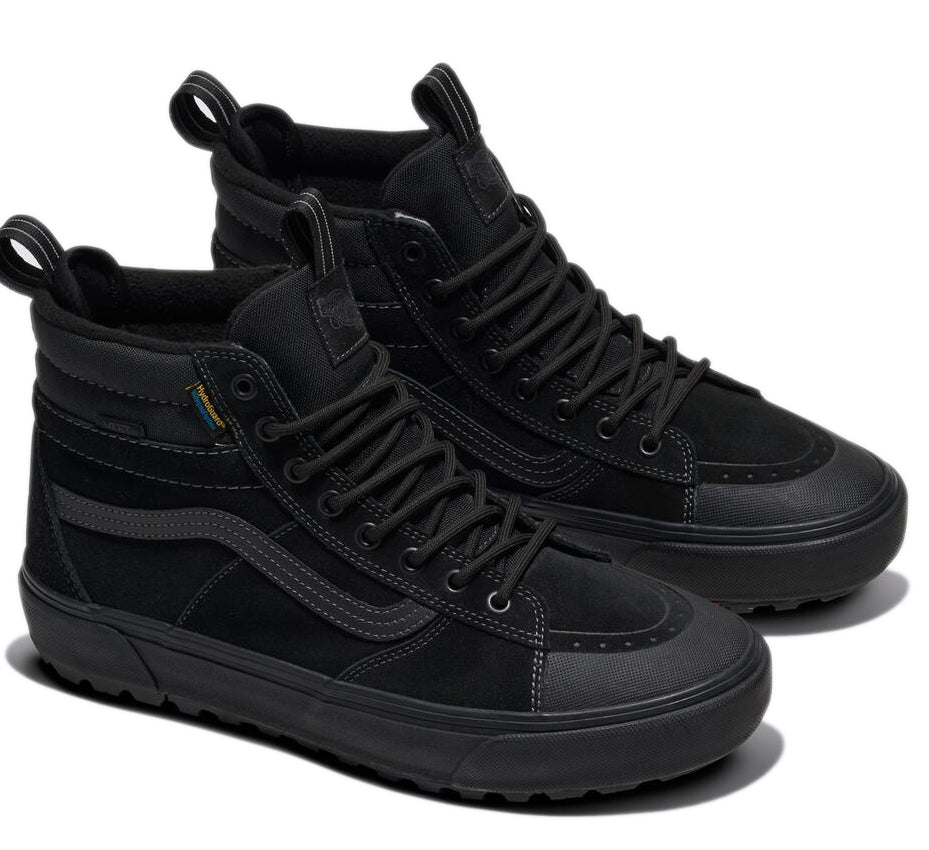 A pair of matte black high-top sneakers featuring a wavy stripe on the side, rounded toe, and lace-up closure.