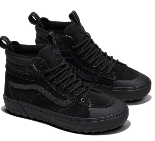A pair of matte black high-top sneakers featuring a wavy stripe on the side, rounded toe, and lace-up closure.