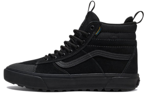 Black high-top sneaker with black laces, suede toe, and black side stripe.