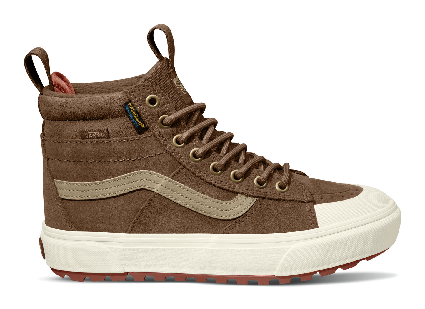 A brown high-top shoe with a light beige stripe on the side, white toe cap and sole, and brown lug sole.