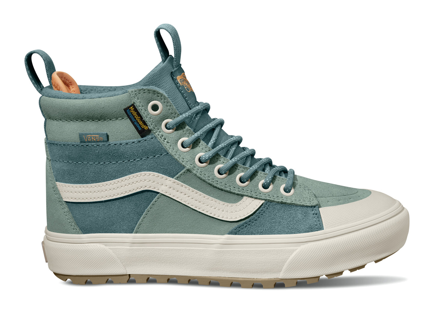 A high-top shoe in shades of teal and white, with a white stripe on the side, lace-up design, and a rugged sole.