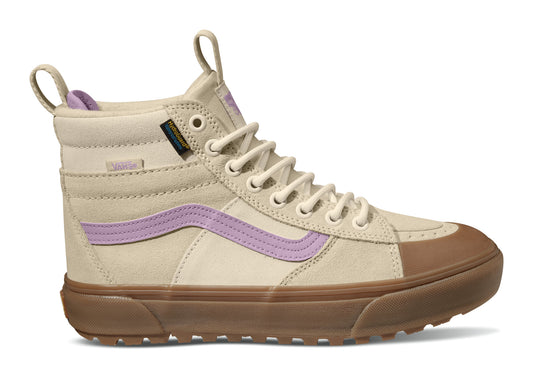 Beige high top shoe with a light purple stripe and brown sole.