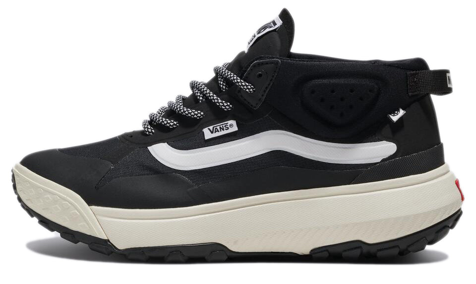 A black mid-rise shoe with a white swoosh logo and white and black patterned laces atop a thick white sole.