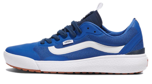 Blue athletic shoe with white sidewall and laces.