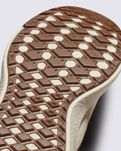 Close-up of shoe sole with brown diamond pattern and off-white hexagons.