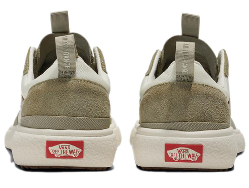 Rear view of two sneakers with “VANS OFF THE WALL” logo on the heel and a beige suede overlay.