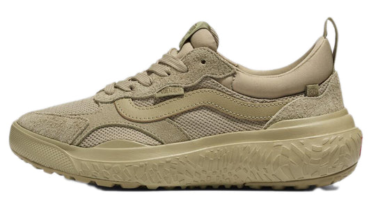 Beige sneaker with thick, textured sole and suede accents.