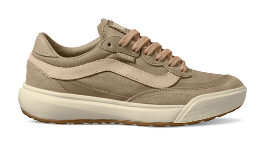 Tan sneaker with light brown laces and stripe.