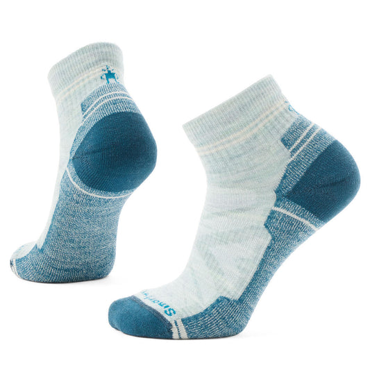 A pair of ankle socks, with gray uppers and teal toes and heels.