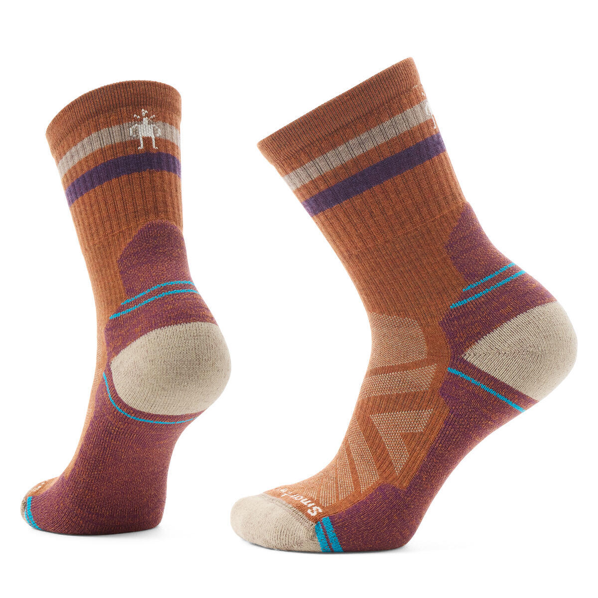 Two brown hiking socks with purple and gray stripes and a white logo on the ankle.