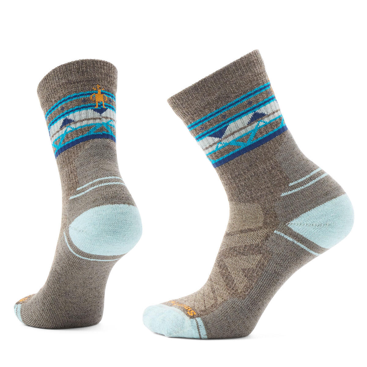 Two gray wool socks with a pattern of blue lines and white mountains at the top and light blue heel and toe.