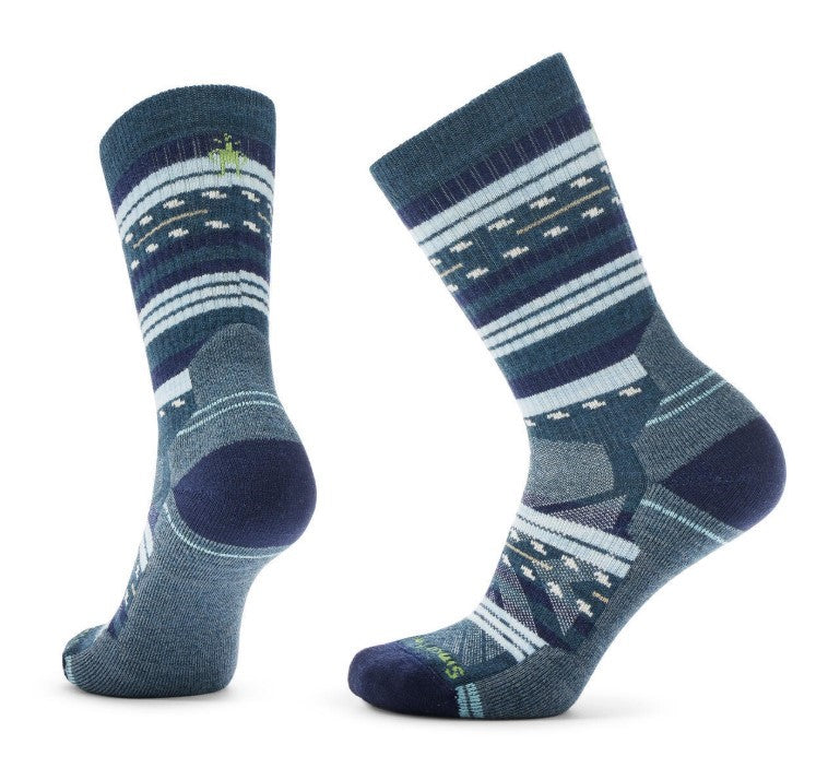 Two crew socks with striped patterns in shades of blue and gray, featuring a reinforced heel and toe.