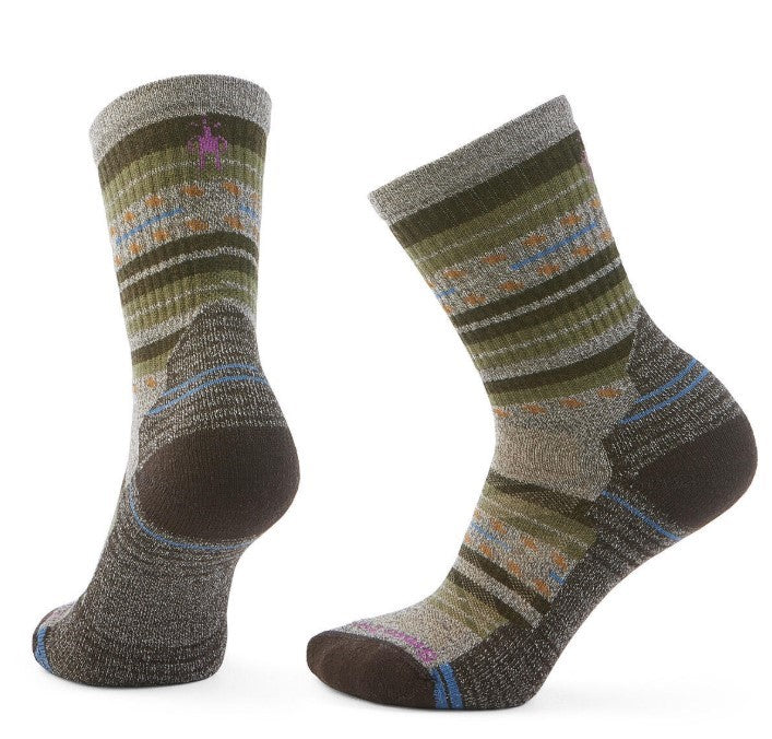 Pair of patterned crew socks featuring olive, blue, orange, and brown hues.