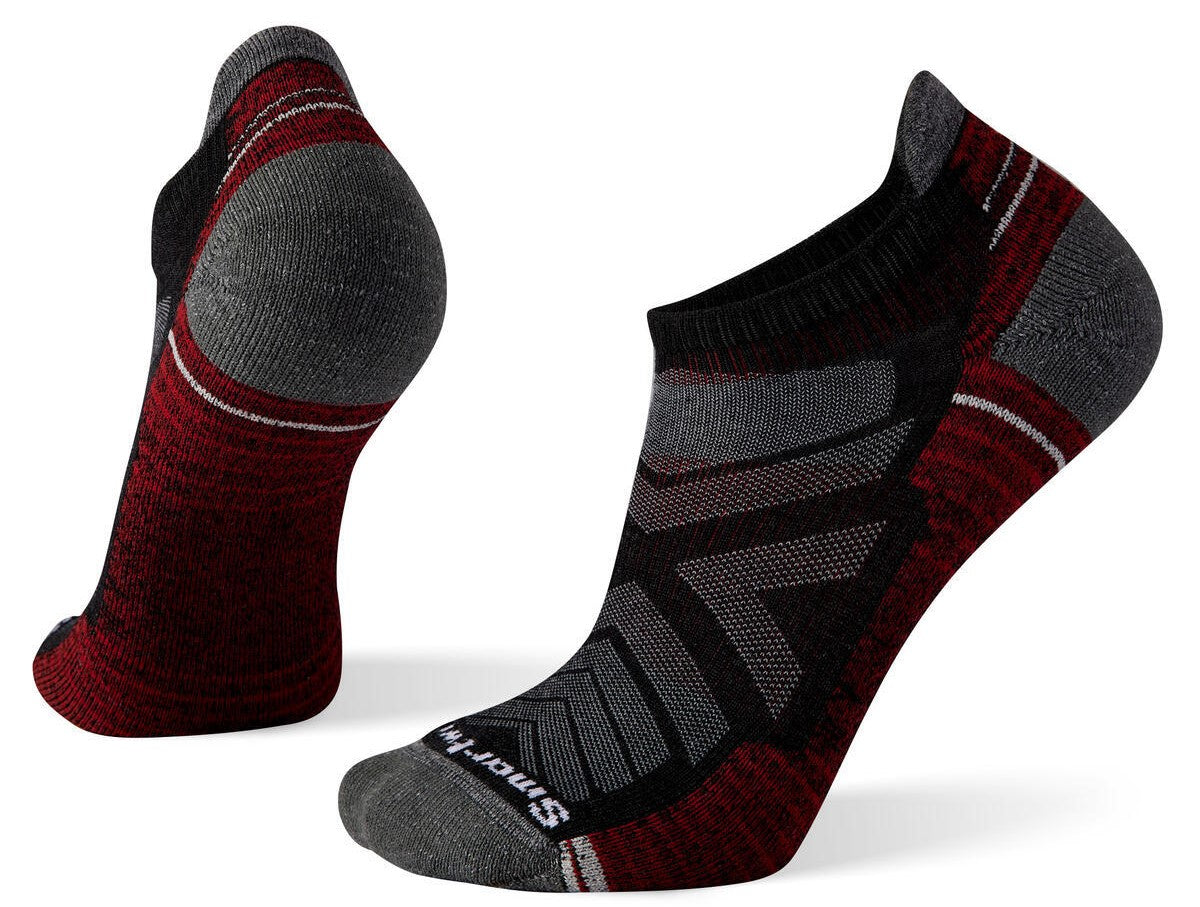 A pair of athletic ankle socks in maroon, grey, and black, featuring textured knit patterns and visible 'smart' branding on the toe area.