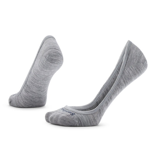 Two gray no-show socks, one upright, one on its side.