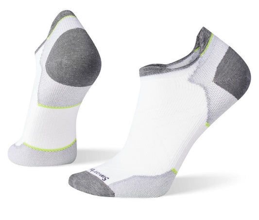 Pair of white ankle socks with gray accents and a small green line.