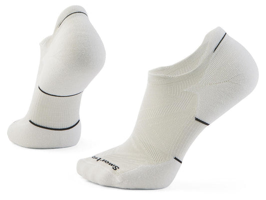 Two low cut white socks with black horizontal stripes.