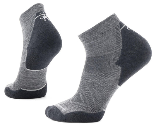 Two gray ankle socks with dark gray heels and toes