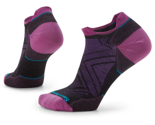 Two low-cut socks, patterned with black and dark purple, with a bright purple toe and heel.