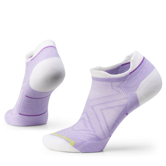 A pair of lavender and white socks; ankle length.