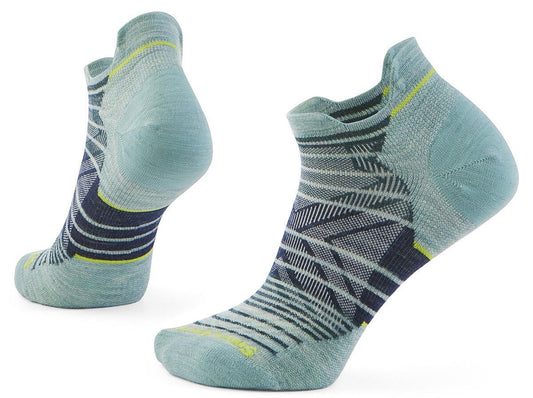 Two light blue no-show socks with a striped and geometric pattern.