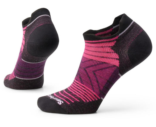 Two colorful socks with purple and pink stripes, black heels and toes, on a white surface.