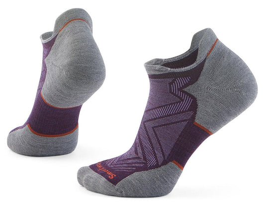 Purple and gray low-cut sock pair with zig-zag patterns.