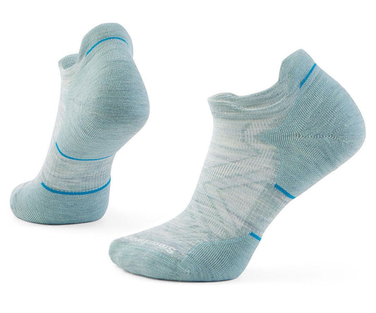 Two pale-blue-and-white no-show socks showing heel and sole.