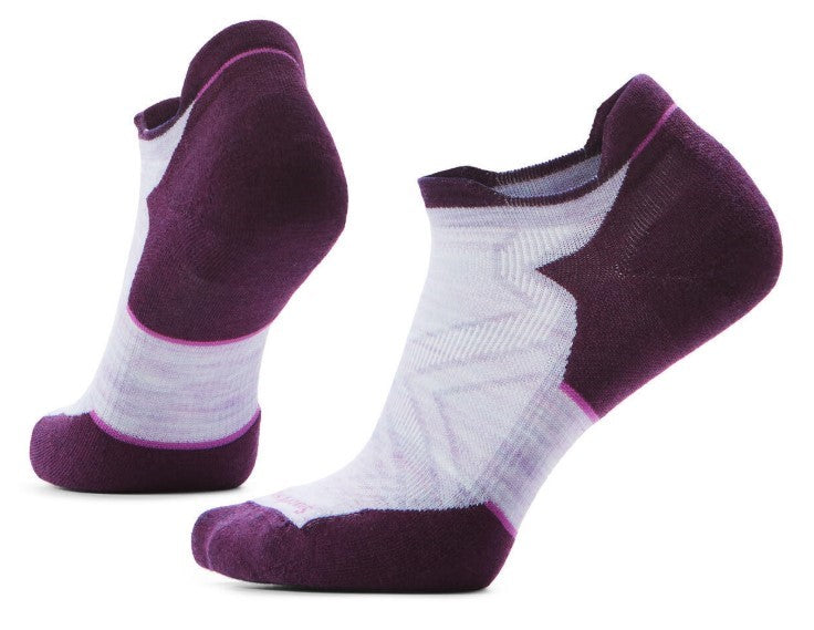 Two no-show socks, one right-facing and one left-facing, with a deep purple toe, heel, and ankle cuff, with a white body.