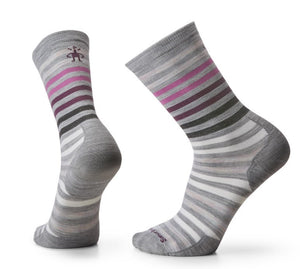 Pair of gray striped socks with colorful bands near the top.