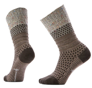 Two patterned crew socks in brown and beige colors.
