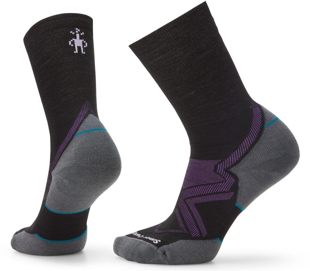 A pair of black crew-length socks with grey heels and toes, featuring purple zig-zag patterns near the heel and a small white stick figure icon on the upper ankle.
