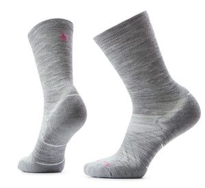 Two gray wool socks, one facing left and one facing right, with pink logo.