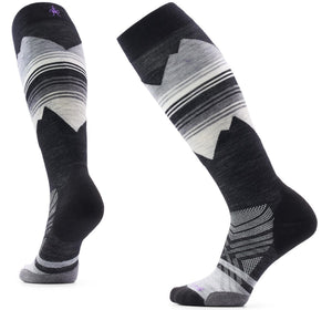 A pair of knee-high performance socks featuring a black and gray color scheme with a graphic mountain range design in white and gray, and striped patterns near the top cuff, showcased from both a side and rear perspective.