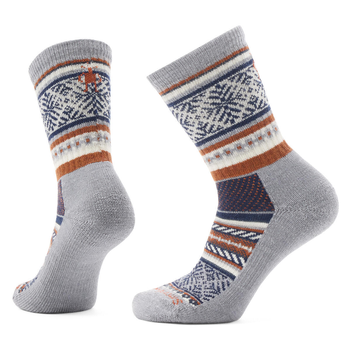 Two gray crew socks with geometric designs in blue, brown and white.