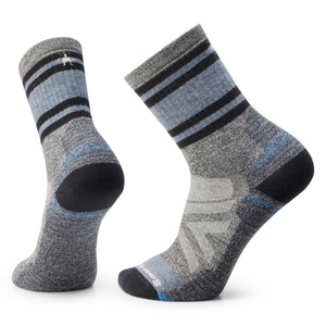 Pair of gray socks with light-blue and black stripes.