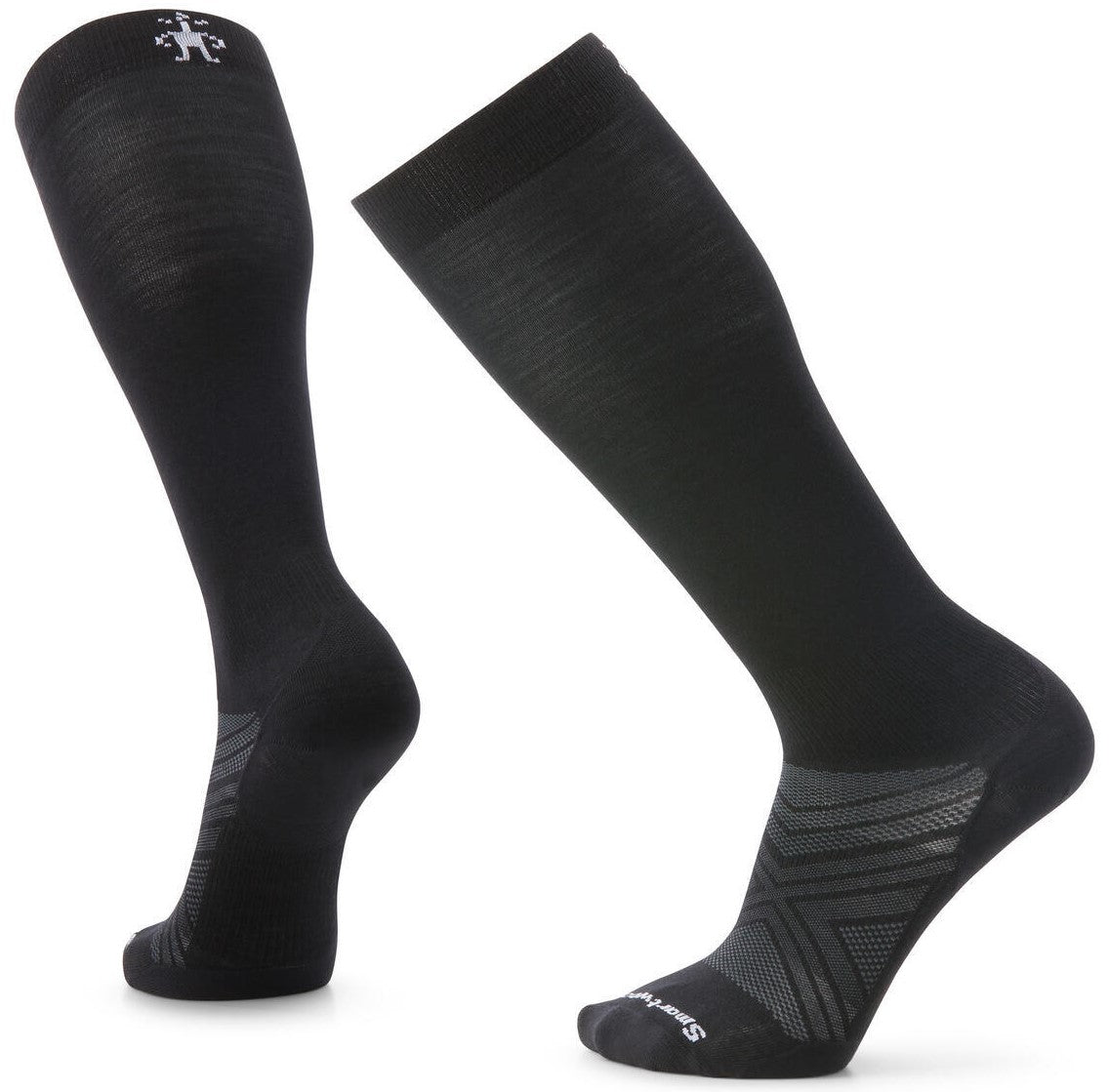 A pair of black over-the-calf socks with grey textured arch support patterning and a small white stick figure logo at the top cuff.