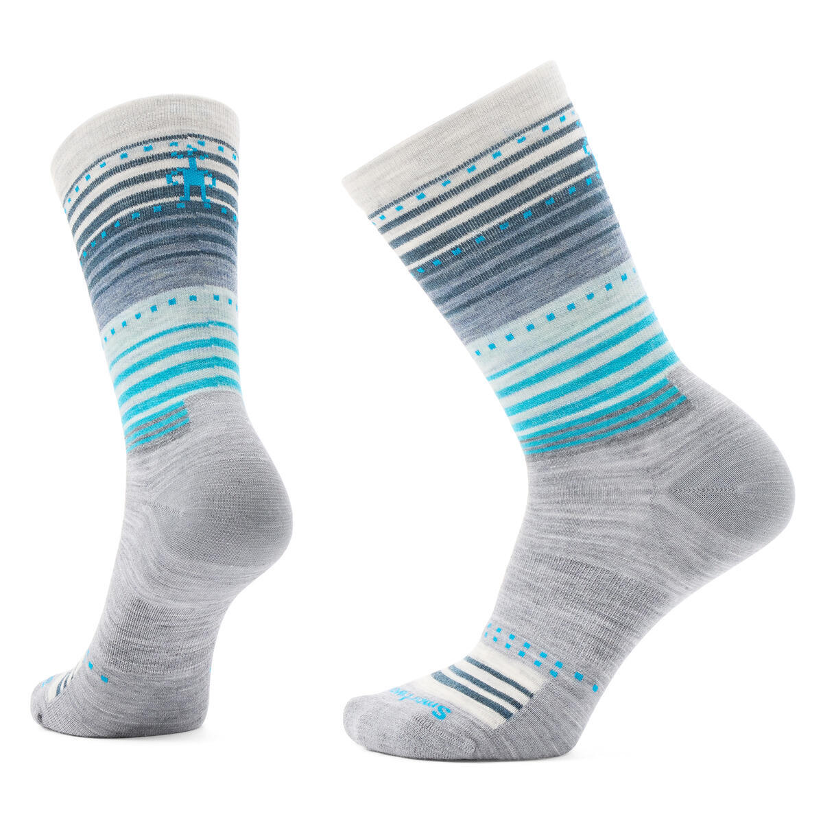 Two gray socks with blue stripe patterns.