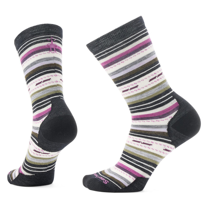 Two striped socks, one standing heel first and the other standing toe first, showcasing stripes in gray, purple, white, black, and green.
