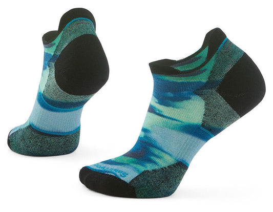Two low-cut socks in blue, green, and black with a marbled design.