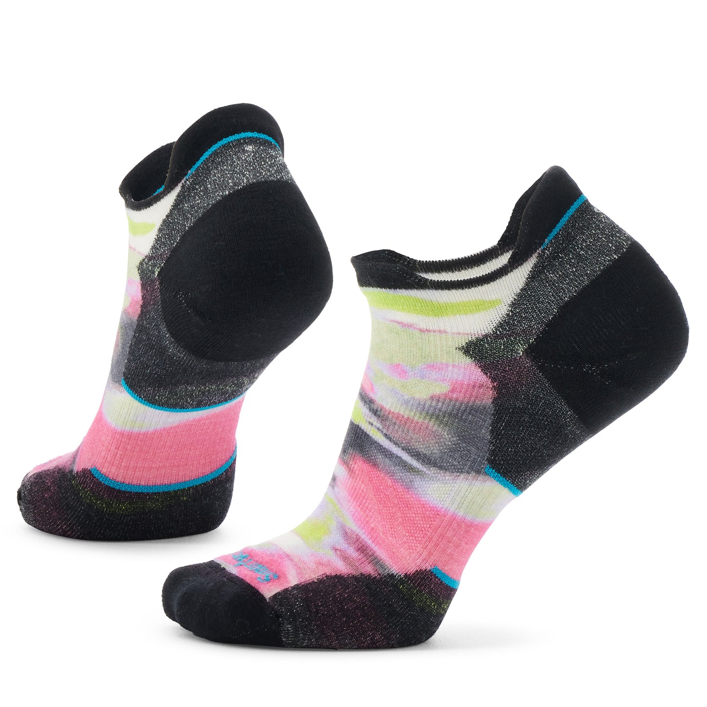 A pair of ankle socks featuring a pattern of pink, yellow, grey, and white with black toe and heel.