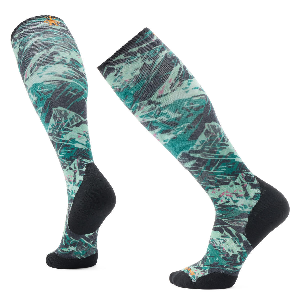 Two knee-high socks with abstract mountain print in green, teal, gray and black.