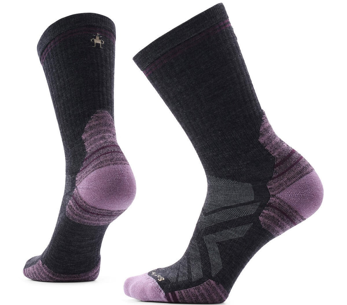 A pair of black crew-length hiking socks with purple accents on the toe, heel, and arch, featuring visible gray reinforced panels and a small logo embroidered at the top cuff.