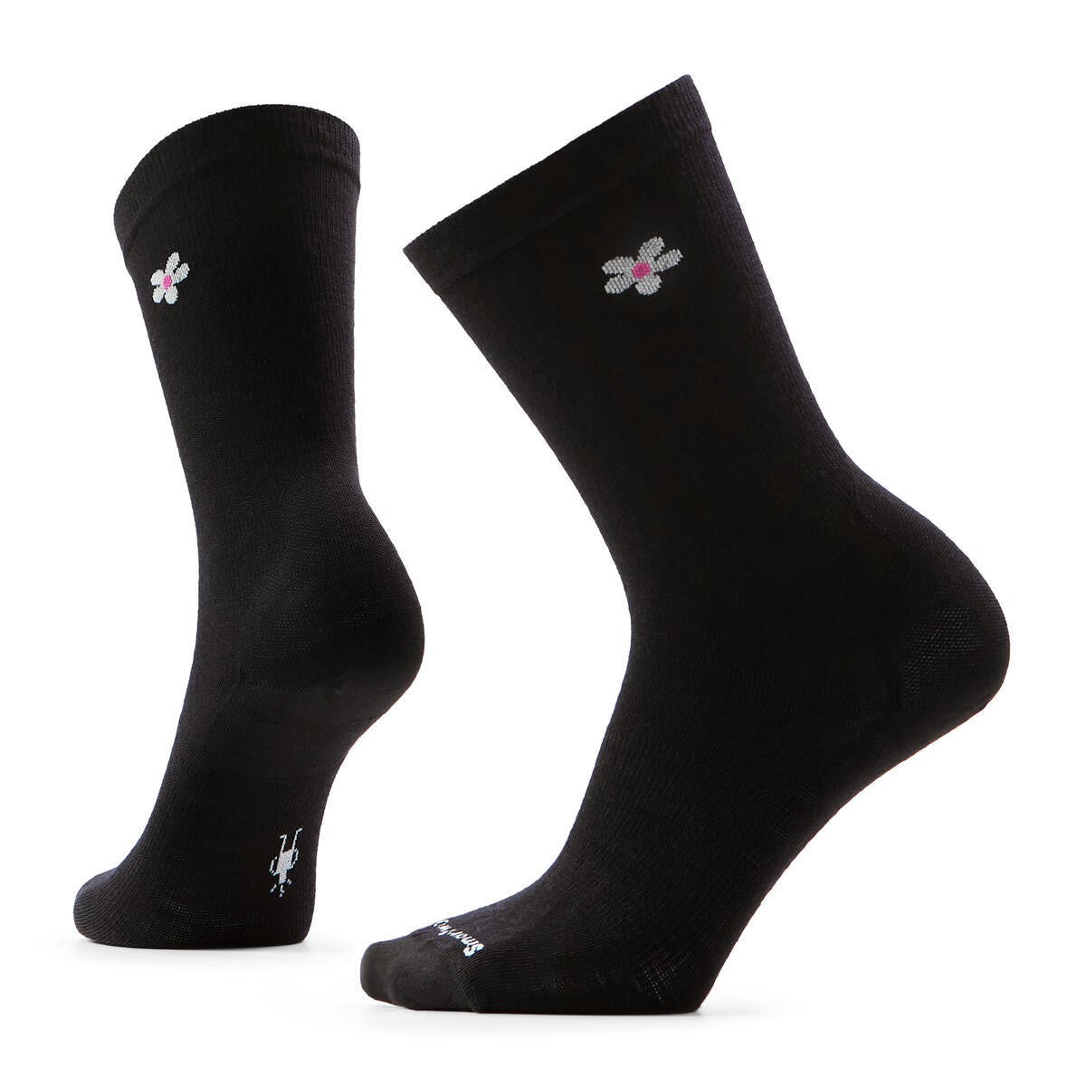 Pair of black socks with a small flower pattern.