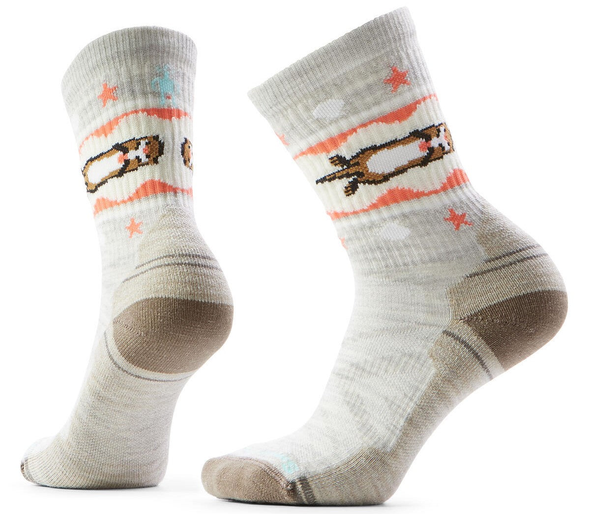 A pair of white, mid-calf socks with a pattern of small, pixelated otters and orange stars, featuring tan, reinforced toe and heel areas.