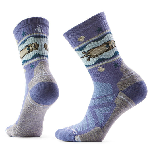 Pair of purple socks with otter design.