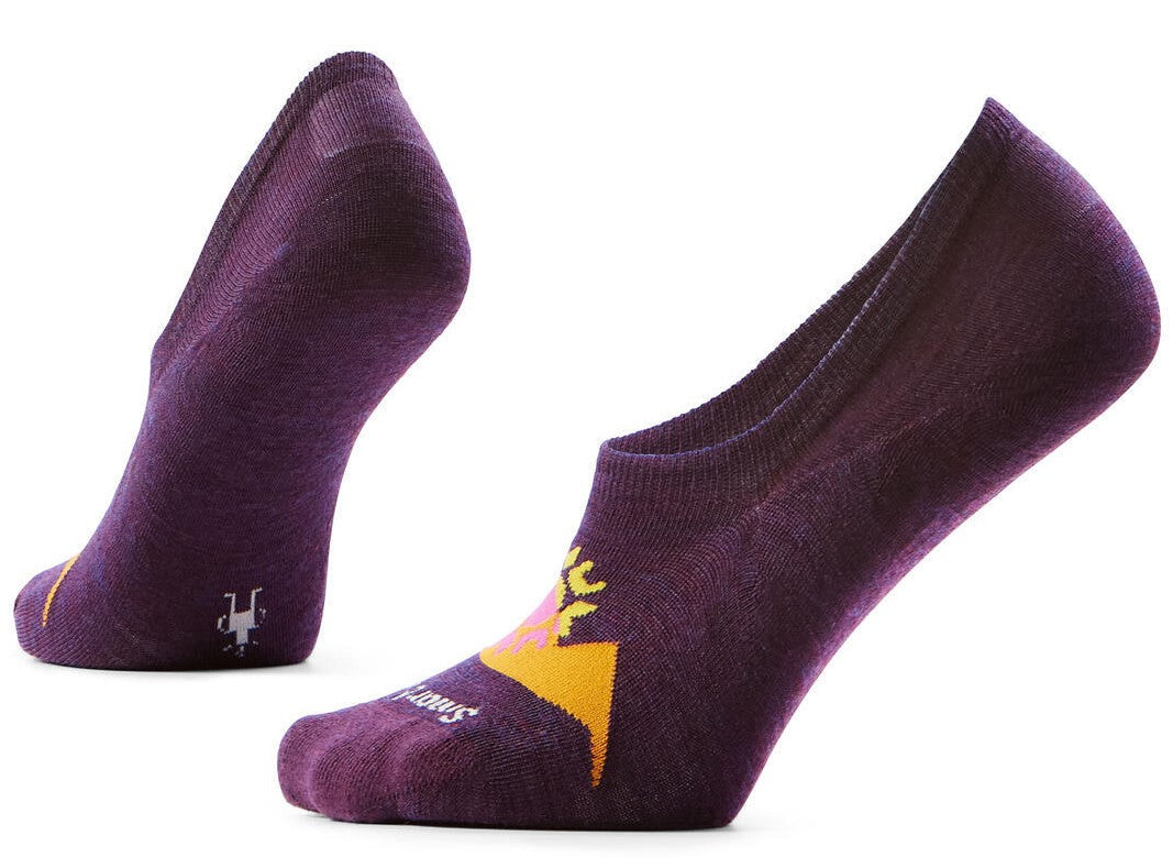 Two purple loafer socks, one is angled towards the left, and the other is angled towards the right and has a colorful logo.
