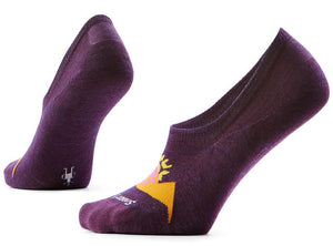 Two purple loafer socks, one is angled towards the left, and the other is angled towards the right and has a colorful logo.