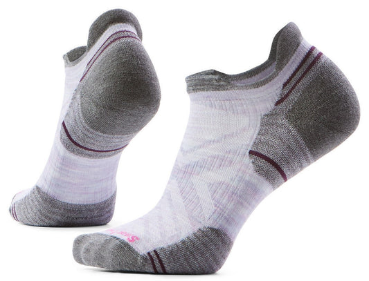 Two white ankle socks with gray heel and toe accents and a burgundy stripe.