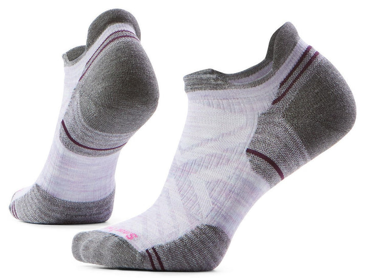 Two white ankle socks with gray heel and toe accents and a burgundy stripe.